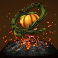 Cartoon Girl Character With Pumpkin Head Creature And Vine Tentacles On Lava Ground With Sparks