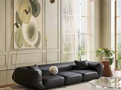 Modern Living Room Interior With Black Leather Sofa Abstract Wall Art And Large Window 3d model