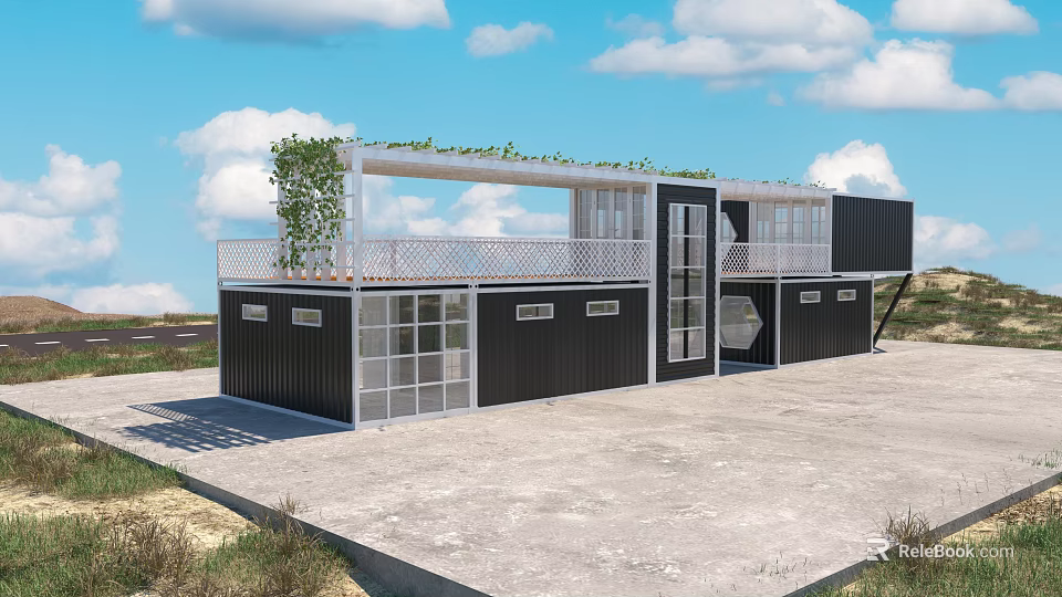 Modern Container Building Design With Glass Windows Green Roof And Open Terrace 3d model 