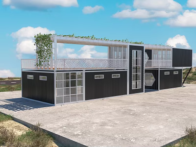Modern Container Building Design With Glass Windows Green Roof And Open Terrace 3d model