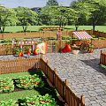 Scenic Park Landscape with Wooden Arbor Vines Giant Strawberry Models Fruit Stall and Green Trees