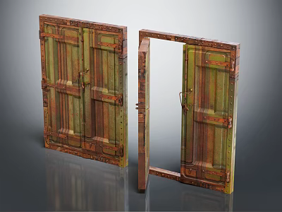 Weathered Old Wooden Doors With Wood Grain Metal Hinges Closed And Half Open 3d model