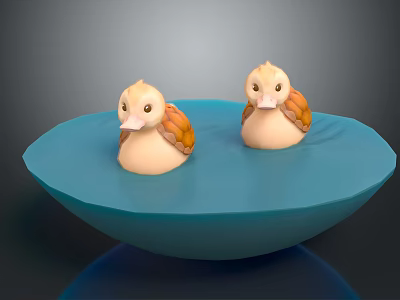 Two Adorable Small Duck Toys Sitting In Blue Decorative Bowl 3d model
