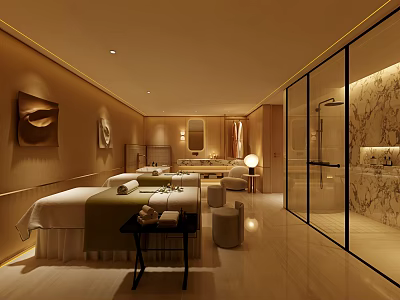 Elegant SPA Sauna Interior With Massage Beds Marble Accents And Warm Lighting 3d model