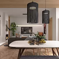 Modern Living And Dining Room With Gray Sofa Wooden Ceiling Fireplace And Round Coffee Table