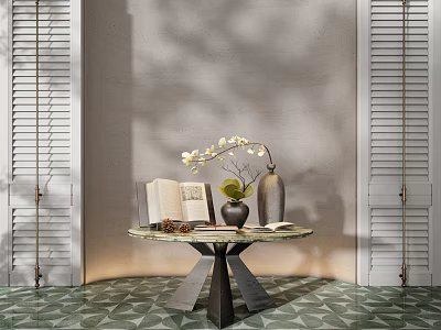 Stylish Console Table With Open Book Vase White Flowers Shutter Wall And Geometric Tile Floor 3d model