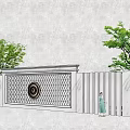 Garden Feature Wall With Gray Grid Design Circular Ornament And Green Plants On Both Sides