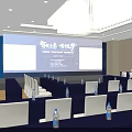 Spacious Conference Room with Arranged White Chair Covers Blue Backdrop and Large Screens