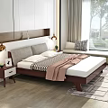 Double Bed with Gray Headboard White Pillows Checkered Blanket Nightstands Lamps and Wooden Accent Wall
