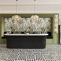 Hotel Lobby With Tropical Plant Murals Black White Geometric Flooring Green Banquette And Pendant Lights