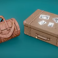 Brown Handheld Duffle Bag And Rectangular Suitcase With Photo Stickers For Daily Use