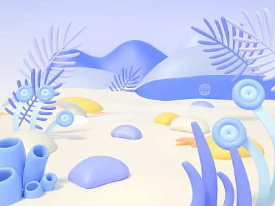 Serene Blue Purple Plant Combination With Seagrass Mushroom Shapes And Soft Hills 3d model