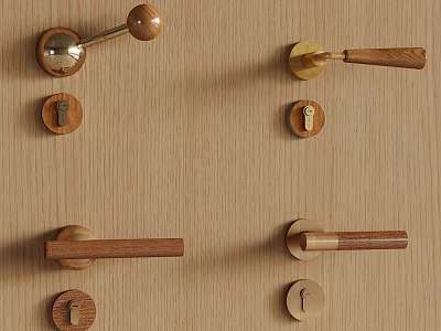 Variety Of Wooden And Brass Door Handles Displayed On Wooden Surface 3d model