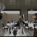 Elegant Banquet Hall Interior With White Tablecloths Chandeliers And Dining Tables