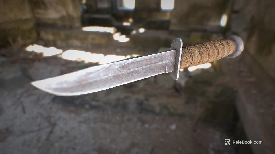 Knife With Worn Blade And Brown Braided Handle On Stone Ground Outdoor Scene 3d model 