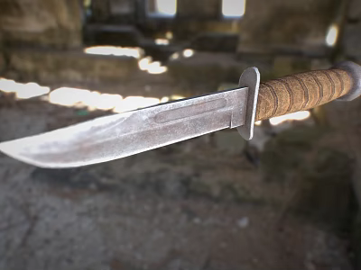 Knife With Worn Blade And Brown Braided Handle On Stone Ground Outdoor Scene 3d model