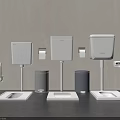 Modern Wall Mounted Toilet With Water Tanks Trash Bins And Accessories In Bathroom Setup