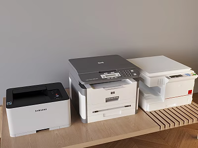 Modern Office Printers Samsung HP Black White Gray Placed on Wooden Shelf for Office Use 3d model