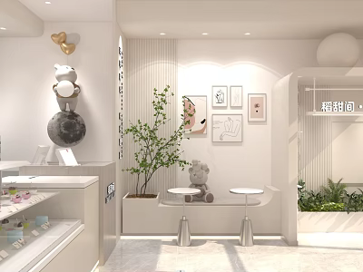 White Interior Dessert Shop With Decorative Paintings Green Plant And Display Counter 3d model