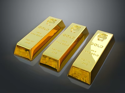 Three Shiny Golden Gold Bars Displayed On Dark Background With Inscriptions 3d model