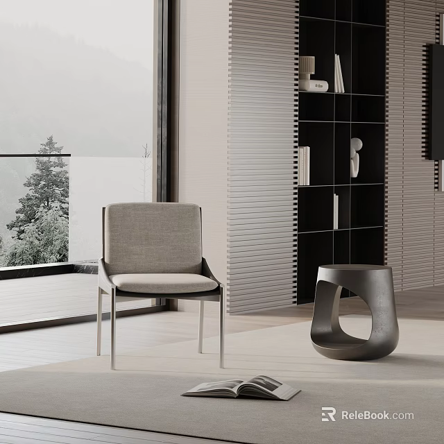 Modern Gray Fabric Dining Chair With Metal Legs Near Black Bookshelf And Window View 3d model 