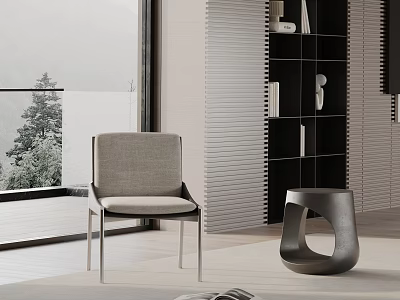 Modern Gray Fabric Dining Chair With Metal Legs Near Black Bookshelf And Window View 3d model