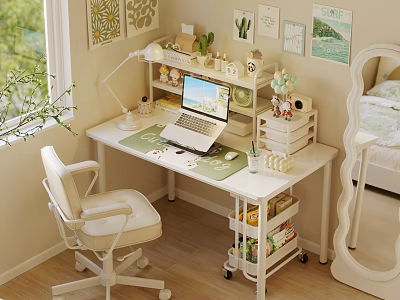 Organized Desk Setup with Laptop Desk Lamp Plants Storage Boxes Natural Light White Chair 3d model