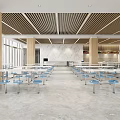 Spacious Cafeteria Interior With Wooden Ceiling Tables And Blue Chairs 3d model