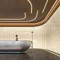 Modern Elegant Curved Reception Desk With Lighting Strips Grid Backdrop Potted Plant And Receptionist