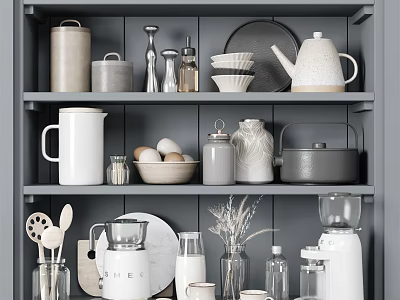 Organized Kitchenware Collection On Grey Shelves With Mugs Bowls Teapot Eggs And Blender 3d model