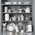 Organized Kitchenware Collection On Grey Shelves With Mugs Bowls Teapot Eggs And Blender