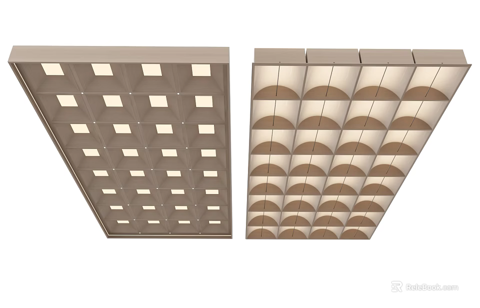 Modern Ceiling Design With Square Grid And Curved Panel Patterns Featuring Integrated Lighting 3d model