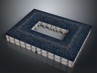 Traditional Courtyard Building With Square Layout Arched Design Dark Tiled Roof White Walls And Windows 3d model