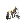Workers In Gray Work Uniforms With Yellow Hard Hats Using Toolbox Wheelbarrow And Ladder