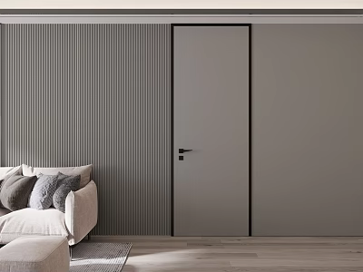 Modern Living Room With Light Gray Hinged Door Vertical Striped Wall And Beige Sofa 3d model