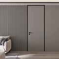 Modern Living Room With Light Gray Hinged Door Vertical Striped Wall And Beige Sofa