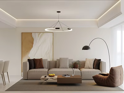 Modern Minimalist Living and Dining Room Interior With Beige Sofa Brown Cushions Floor Lamp 3d model