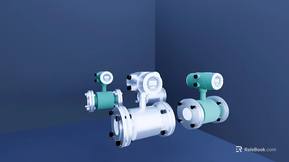 Three Silver And Green Flowmeters With Dials And Connecting Flanges In Blue Corner Background 3d model 