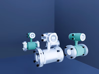 Three Silver And Green Flowmeters With Dials And Connecting Flanges In Blue Corner Background 3d model