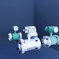 Three Silver And Green Flowmeters With Dials And Connecting Flanges In Blue Corner Background