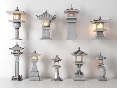 Japanese Traditional Stone Outdoor Lanterns with Various Designs and Warm Illumination Features 3d model