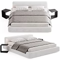 Modern Minimalist Bed Design With Gray White Bedding And Black Nightstand