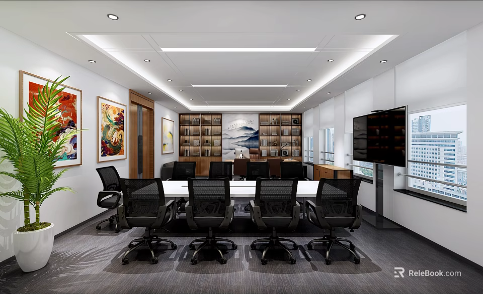 Modern Office Conference Room With Large Table Black Chairs Bookshelf Wall Paintings And Window View 3d model 