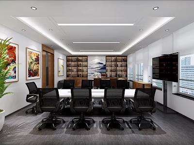 Modern Office Conference Room With Large Table Black Chairs Bookshelf Wall Paintings And Window View 3d model