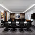 Modern Office Conference Room With Large Table Black Chairs Bookshelf Wall Paintings And Window View