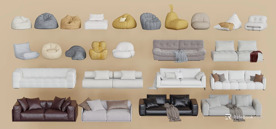 Diverse Style Multi Seat Sofas In Various Colors With Soft Cushions And Decorative Throws 3d model 