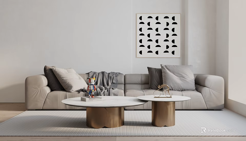 Light Gray Two-Seater Sofa With Cushions And Gold Base Coffee Tables In Modern Living Room 3d model 
