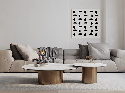 Light Gray Two-Seater Sofa With Cushions And Gold Base Coffee Tables In Modern Living Room 3d model