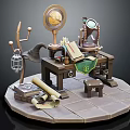 Vintage Work Desk With Round Mirror Magnifying Glass Open Books Scrolls And Small Stool