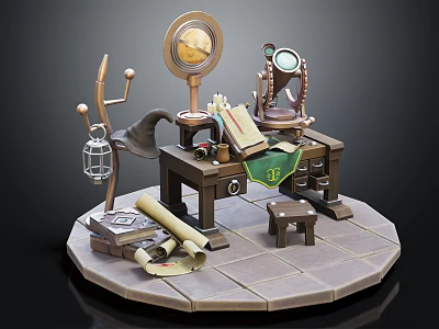 Vintage Work Desk With Round Mirror Magnifying Glass Open Books Scrolls And Small Stool 3d model